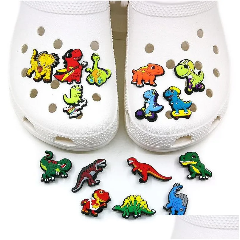 moq 100pcs dinosaur cartoon pattern croc charms 2d soft plastic creative shoe accessories shoes buckles charm decorations fit boy kids sandals