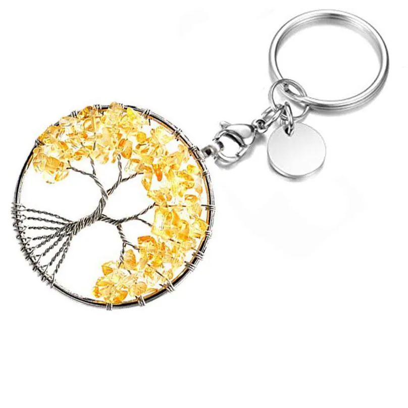 natural broken stone 5cm wrap tree of life key rings keychains healing rose crystal car decor keyholder for women men