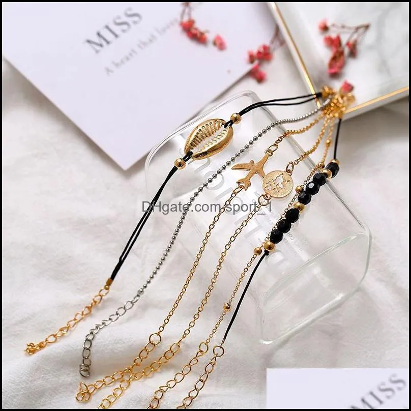 6pcs/lot bohemian sea shell bracelets set for women gold aircraft map charm crystal beads chains bangle female fashion boho