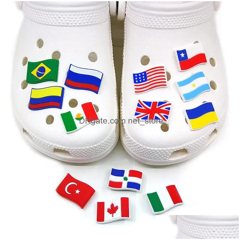 moq 50pcs various national flag pattern croc jibz 2d soft rubber shoe parts accessories decoration shoe buckles charms trinkets fit kids sandals