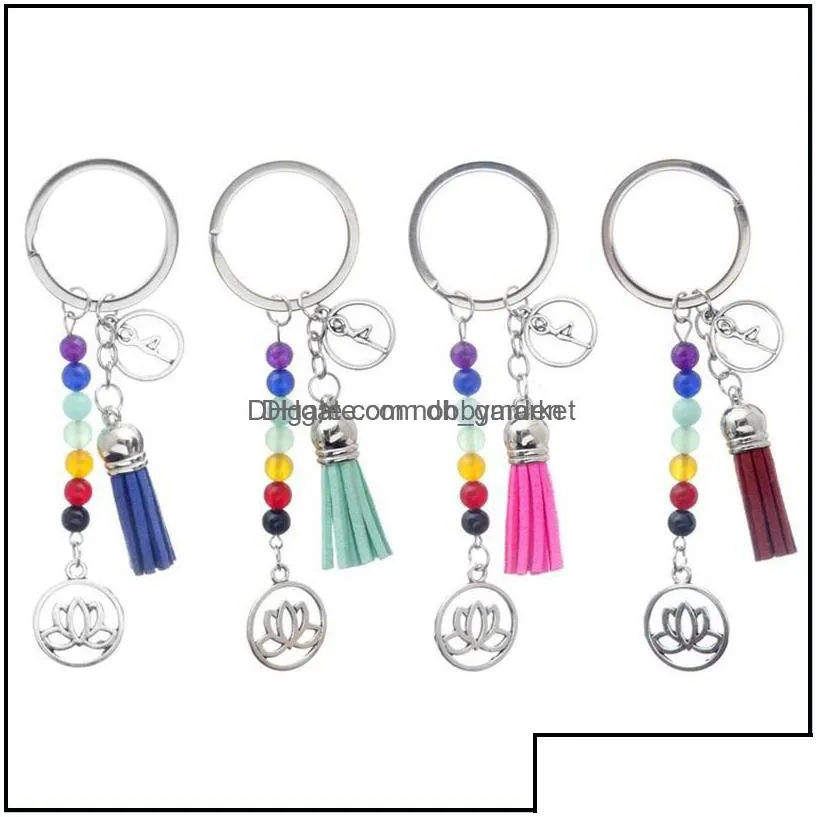 key rings jewelry lotus tassel chains ring 7 chakra reiki healing yoga natural stone beads flower pendant keychain aessories gift charm