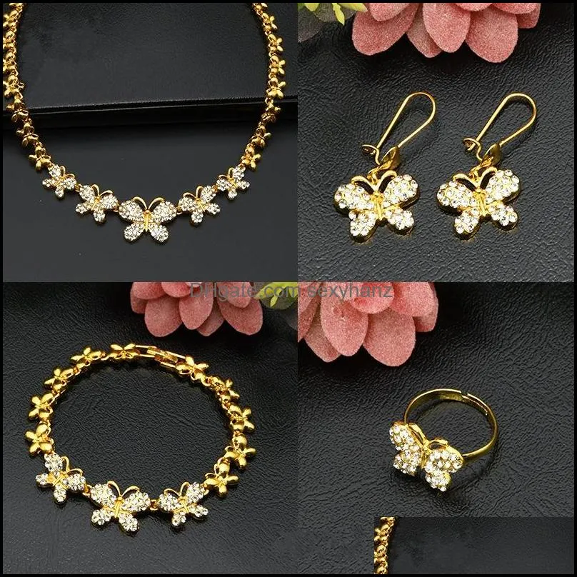 high quality crystal rhinestones gold plated necklace alloy metal wedding xoxo butterfly design african jewelry sets 1963 t2
