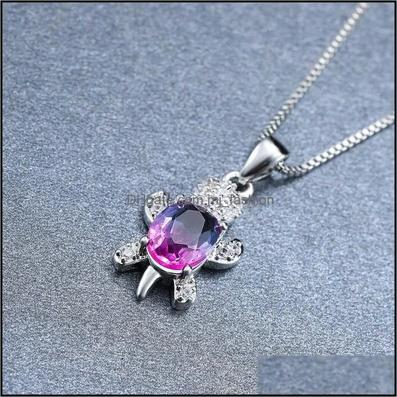 cute blue purple oval zircon pendant rainbow stone cute turtle necklaces for women fashion jewelry multicolor crystal animal necklace