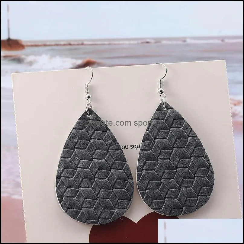 fashion designer pu leather earrings weave pattern water drop oval double side silver hook earrings for women christmas party jewelry