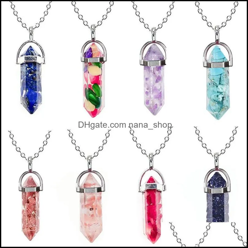 natural chips stone chakra reiki healing hexagonal necklaces opal amethysts pink quartz crystal pendulum necklace