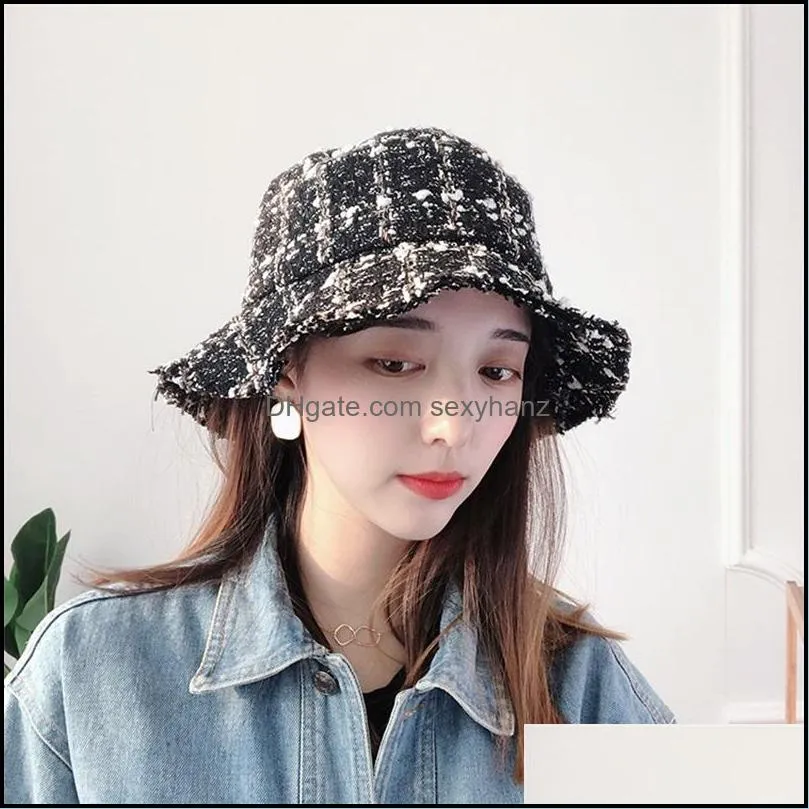 wide brim hats women 4 seasons plaid bucket hat solid colors folding street wear sun protection round top sunscreen fisherman cap 3438