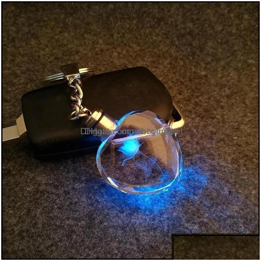 key rings jewelry fashion rose heart crystal flashlight chains holder changing mticolor led lights couple keychain drop delivery 2021