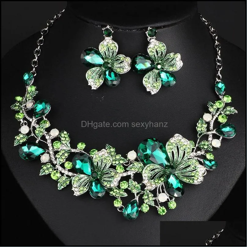 fashion wedding jewelry color crystal rhinestones necklace earrings set for women dubai bridal jewelry sets 2235 t2