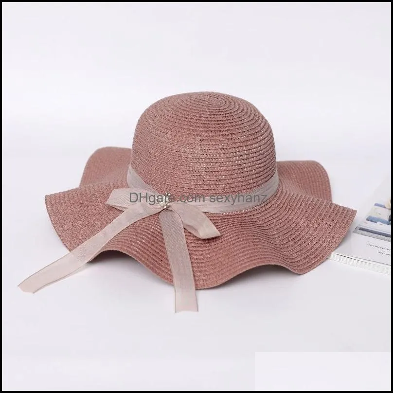 wide brim hats ribbon pearl panama straw hat women folds summer bow beach style fisherman female male sunhat lady 3462 q2