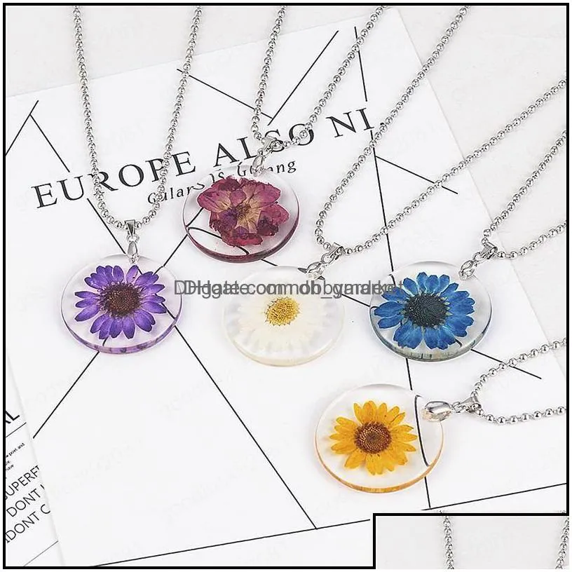 pendant necklaces pendants jewelry natural dried flower for women transparent resin real dry round gift drop delivery 2021 l8ze0