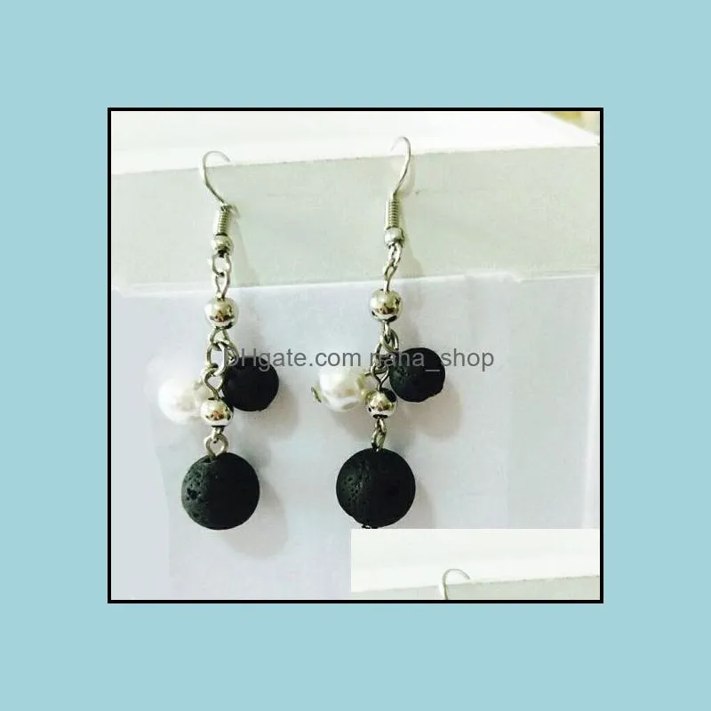 black lava stone imitation pearl earrings necklace diy aromatherapy essential oil diffuser dangle earings jewelry women