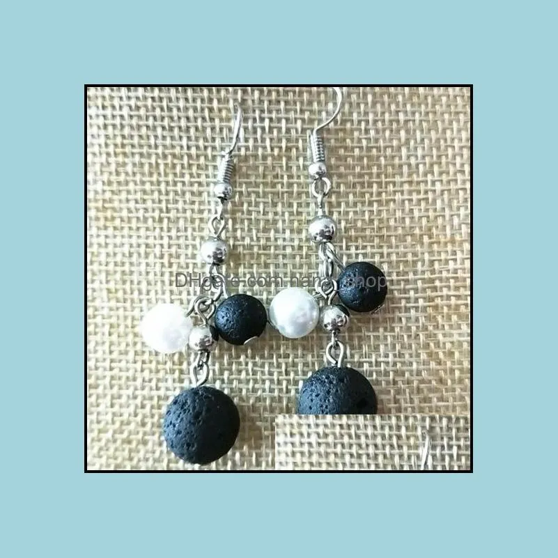 black lava stone imitation pearl earrings necklace diy aromatherapy  oil diffuser dangle earings jewelry women