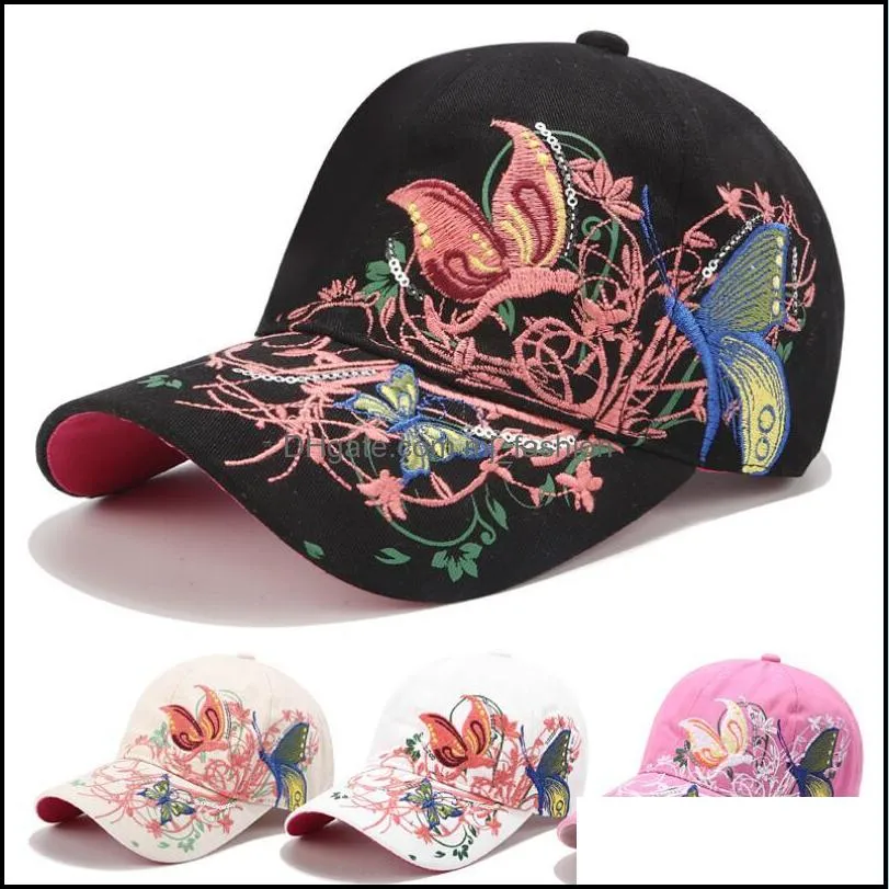 summer autumn ball caps women butterflies flower embroidery girls sun hats casual snapback cap