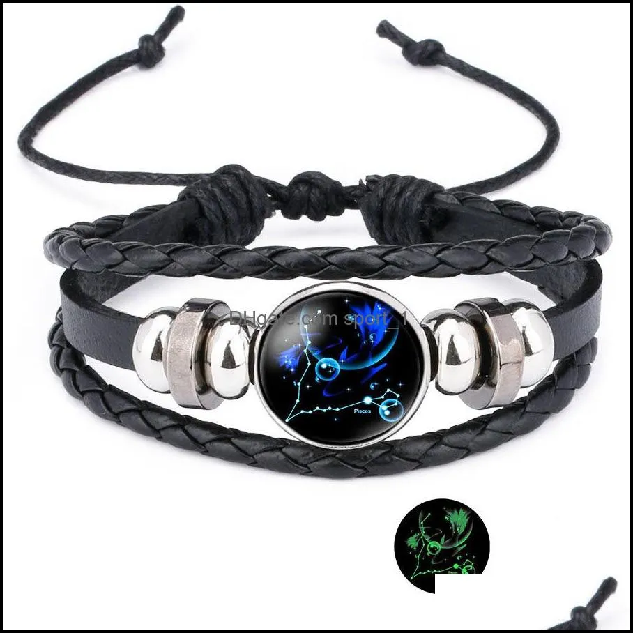 12 zodiac glow in the dark sign bracelets for women men 18mm ginger snap button constellation charm leather rope bangle fashion