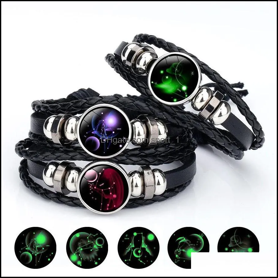 12 zodiac glow in the dark sign bracelets for women men 18mm ginger snap button constellation charm leather rope bangle fashion