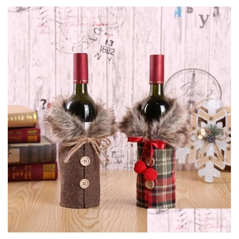  wine cover with bow plaid linen bottle party favor clothes fluff creative wine fashion christmas decoration ups ship