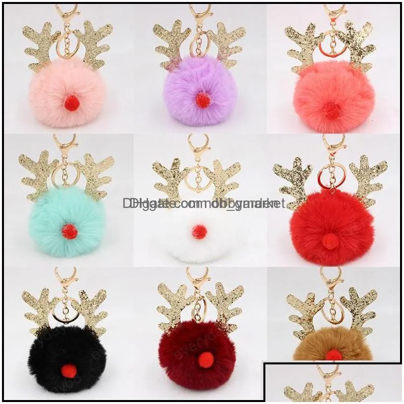 key rings jewelry fur pom keychain fake rabbit hair ball porte clef pompom de fourrure fluffy bag charms christmas antler keyring drop