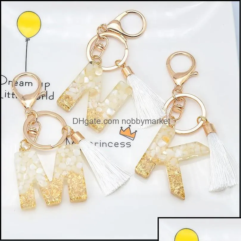 key rings jewelry gold color letters keychain with white tassel az 26 chain handbag charms plastic crystal pendant ring gifts drop