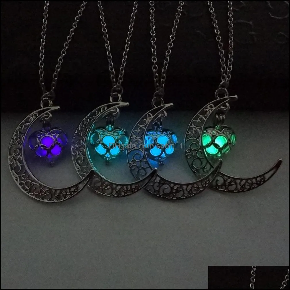  glow in the dark heart moon necklaces for women men hollow crescent shape luminous beads pendant chains fashion jewelry