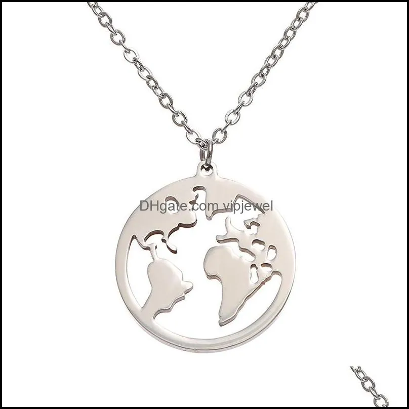 stainless steel world map necklace wanderlust geometric round pendants necklace personalized fashion outdoor jewelry earth day gift