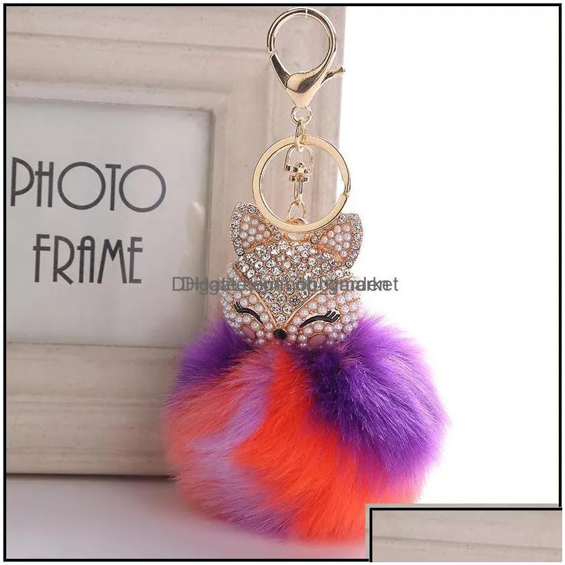 key rings jewelry cute animal pompom for women fur ball rhinestone keychain bag car keyring fluffy keyfobs holder party gift kimterb763s