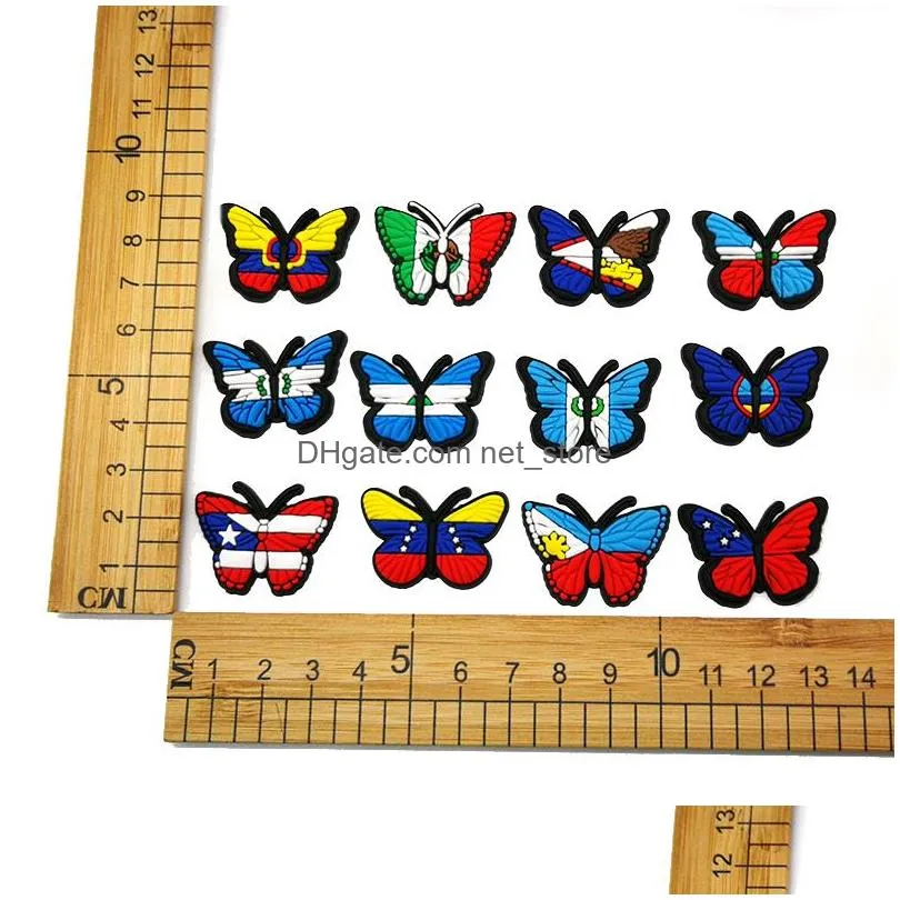 moq 100pcs flag pattern butterfly cartoon croc jibz 2d soft plastic shoe charms accessories shoes buckles decorations fit men womens garden shoes