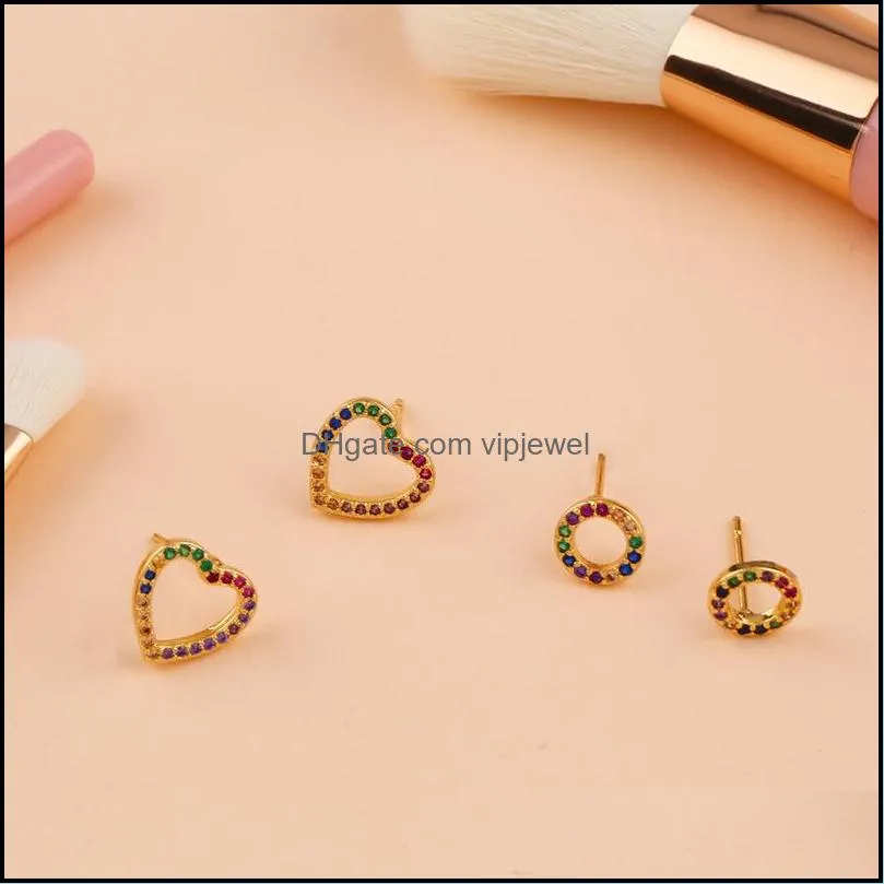 fashion colorful cubic zirconia heart round hollow stud earrings for women girls rainbow copper 18k gold plated cz earring jewelry