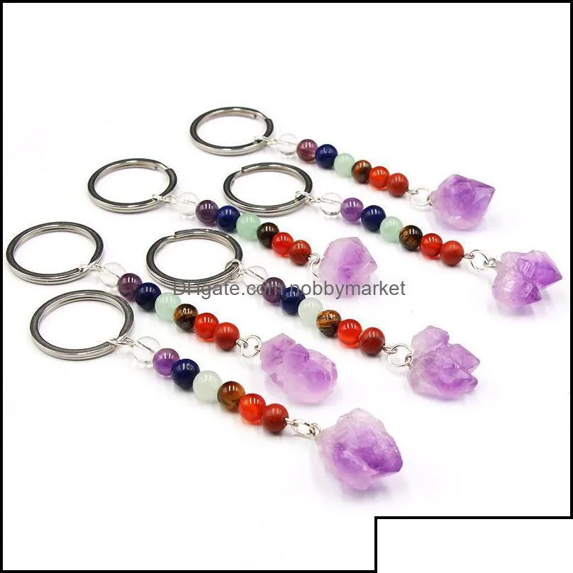 key rings jewelry 7 chakra natural stone handbag purse holder irregar amethyst crystal quartz stones keychains dangle car clasps chains
