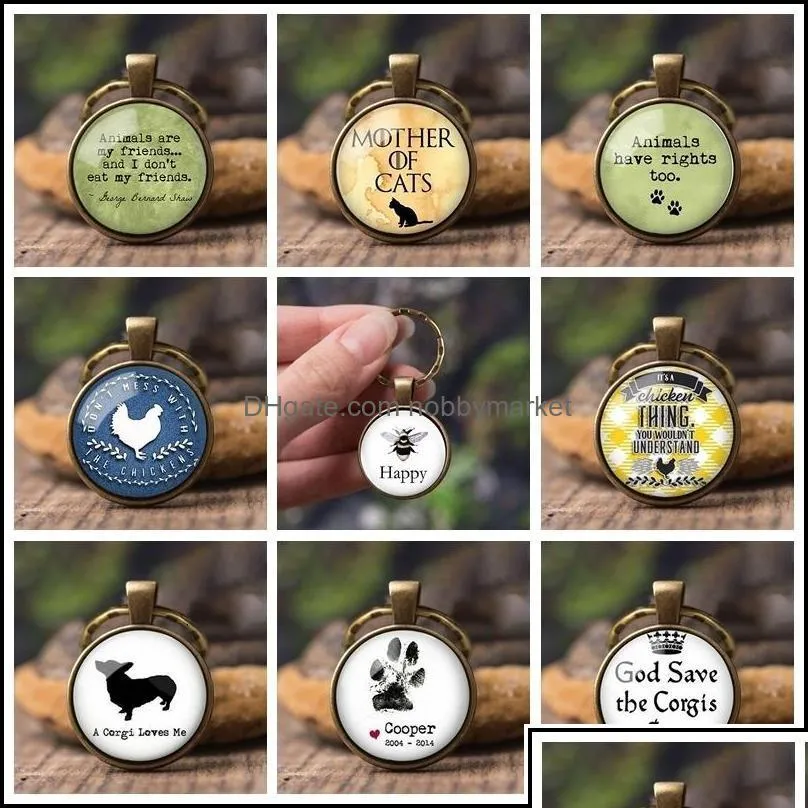 key rings jewelry cute animal printing chains dog cat claw paw footprints glass cabochon pendant car ring creative gifts for men drop