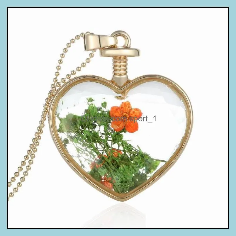 fashion dried flowers plant specimen bottle glass necklaces love heart pendants for women glass bottle locket party jewelry