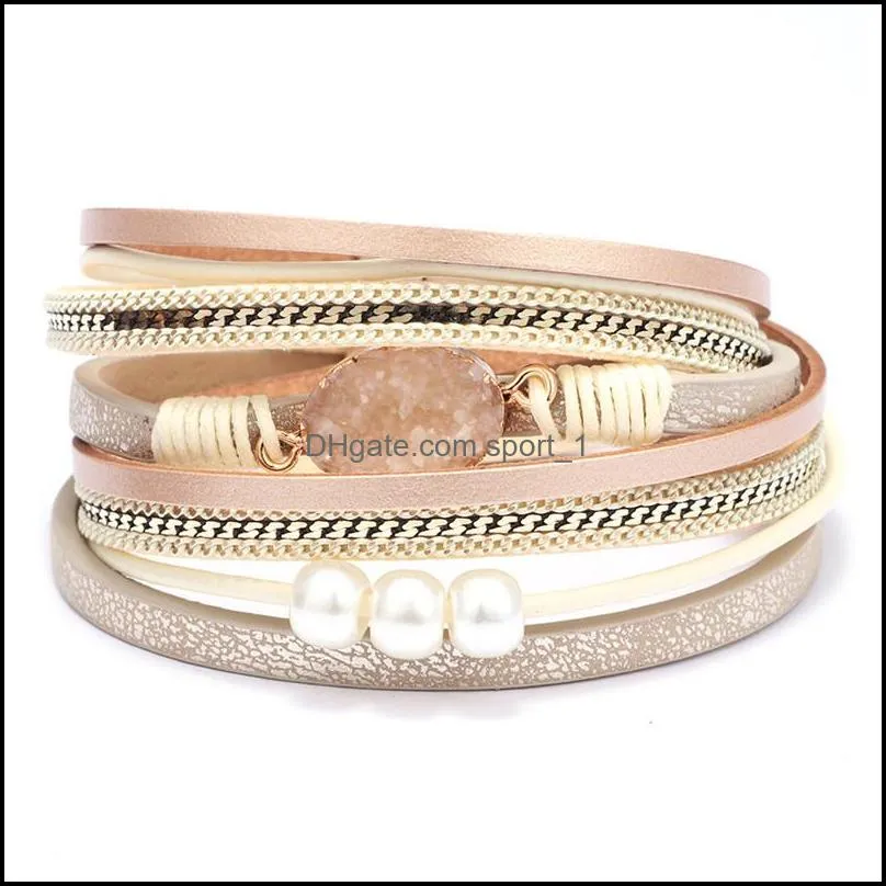 women multilayer leather wrap bracelet imitation pearl handmade wristband beads cuff bangle with magnetic buckle jewelry for ladiesz