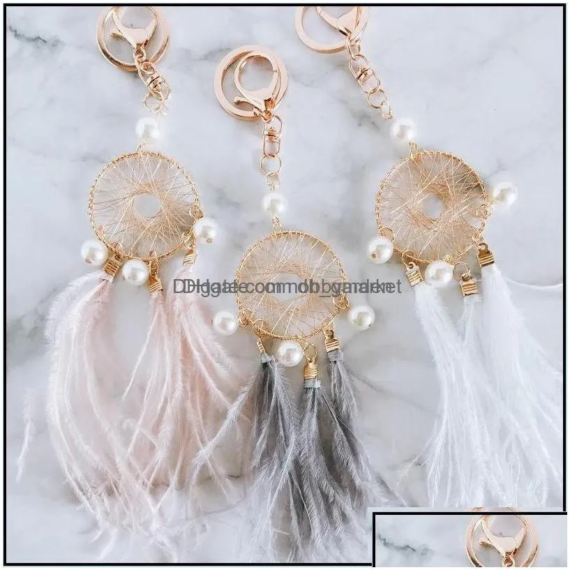 key rings jewelry pearl feather chains holder dreamcatcher pendants car keychain keyrings for girls women bag hanging fashion charm drop