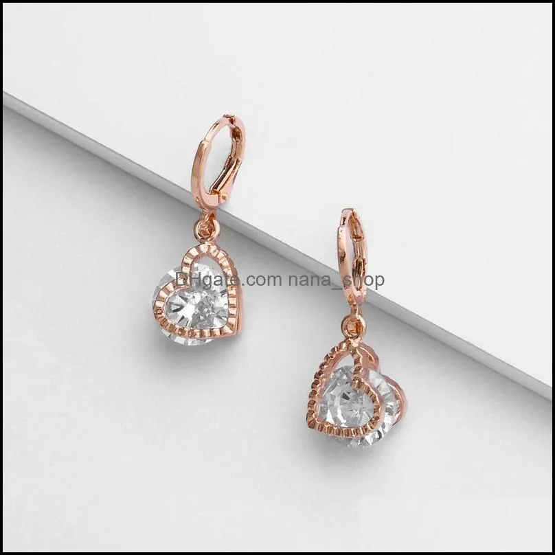 high quality cubic zirconia heart dangle earring for women girl elegant clear zircon rose gold drop earring wedding party jewelry gift