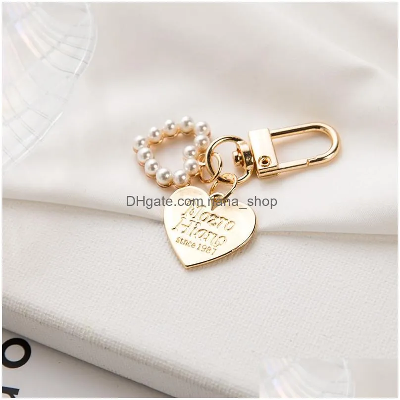 letters metal heart key rings chains cute faux pearl love hearts pendant  bag hanging keychain women girl gift