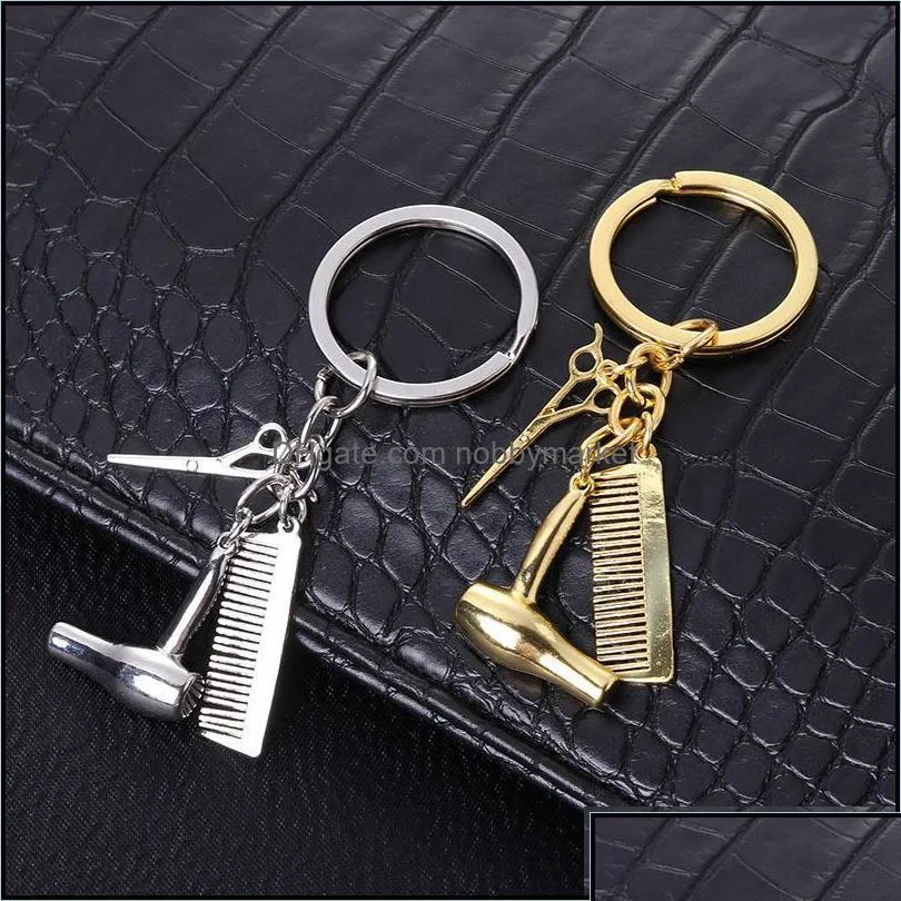 key rings jewelry personality couple chain hair dryer combs scissors pendant keychains tools stylist scissor blow ring christmas drop