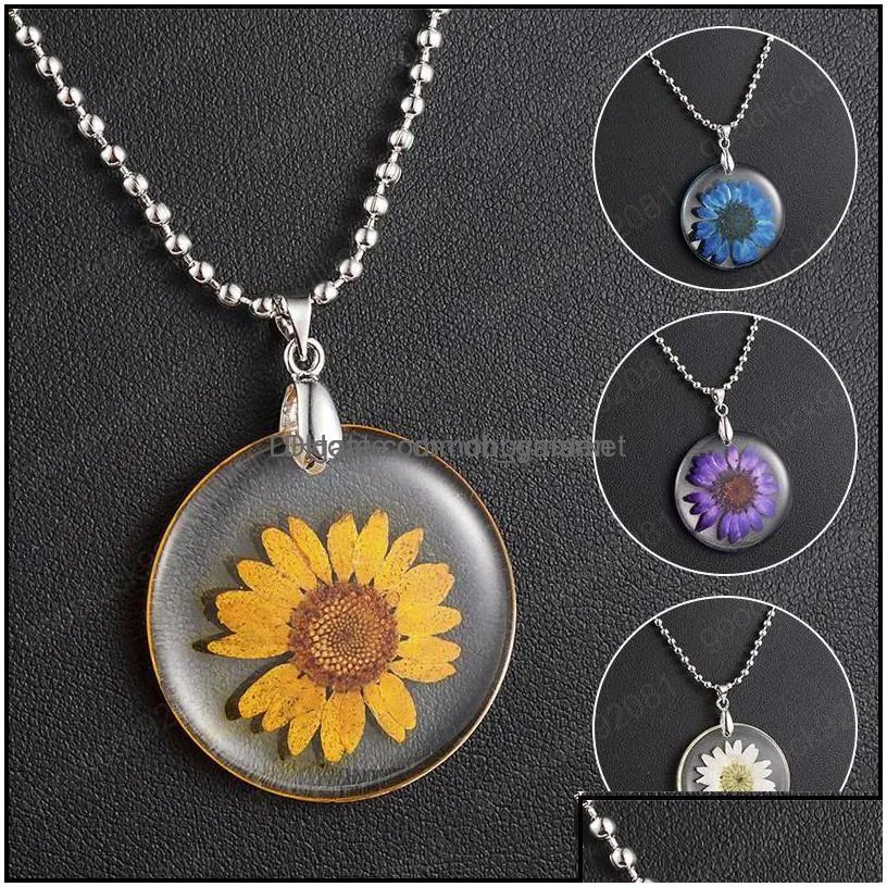 pendant necklaces pendants jewelry natural dried flower for women transparent resin real dry round gift drop delivery 2021 l8ze0