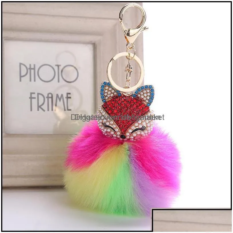 key rings jewelry cute animal pompom for women fur ball rhinestone keychain bag car keyring fluffy keyfobs holder party gift kimterb763s