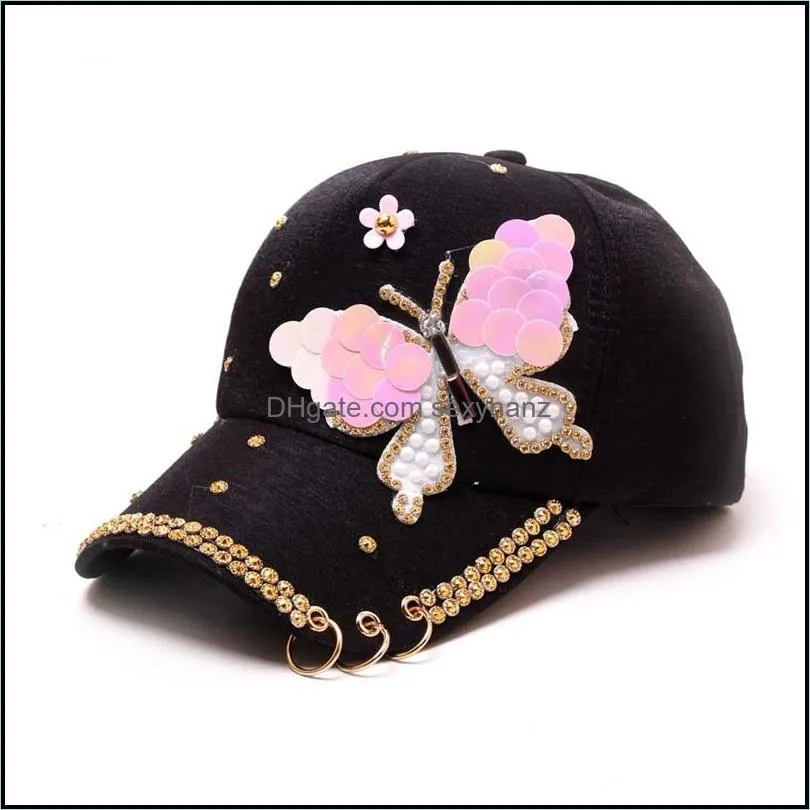 wide brim hats womens autumn baseball cap full women crystal colorful big butterfly hat cotton shiny metal snapback caps hip hop 3443