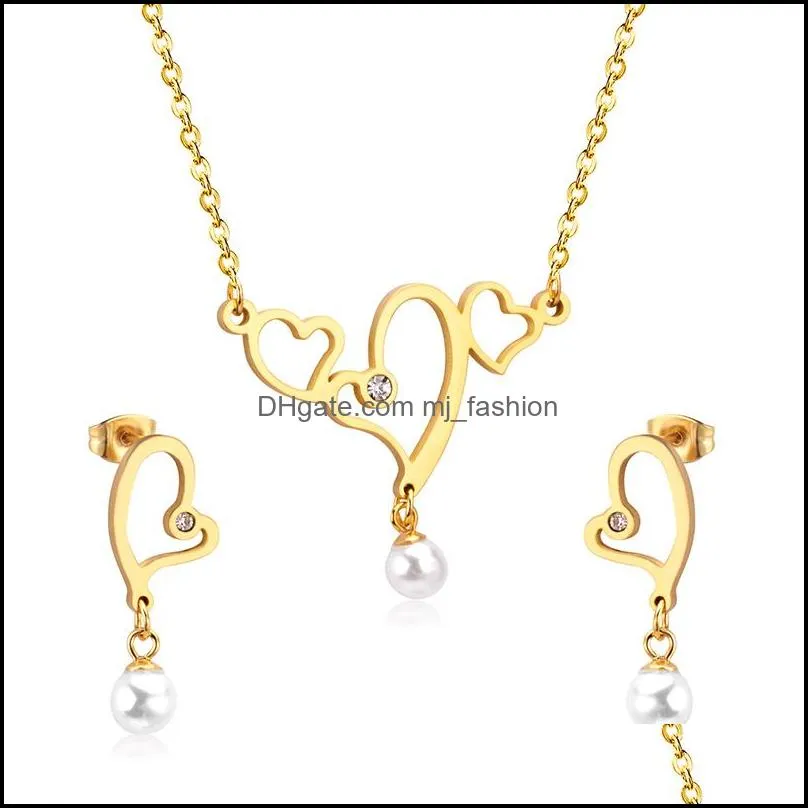 heart shaped stainless steel pendant necklace and earrings set in jewelry for women with chain jewellry parts