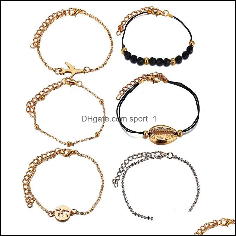 6pcs/lot bohemian sea shell bracelets set for women gold aircraft map charm crystal beads chains bangle female fashion boho