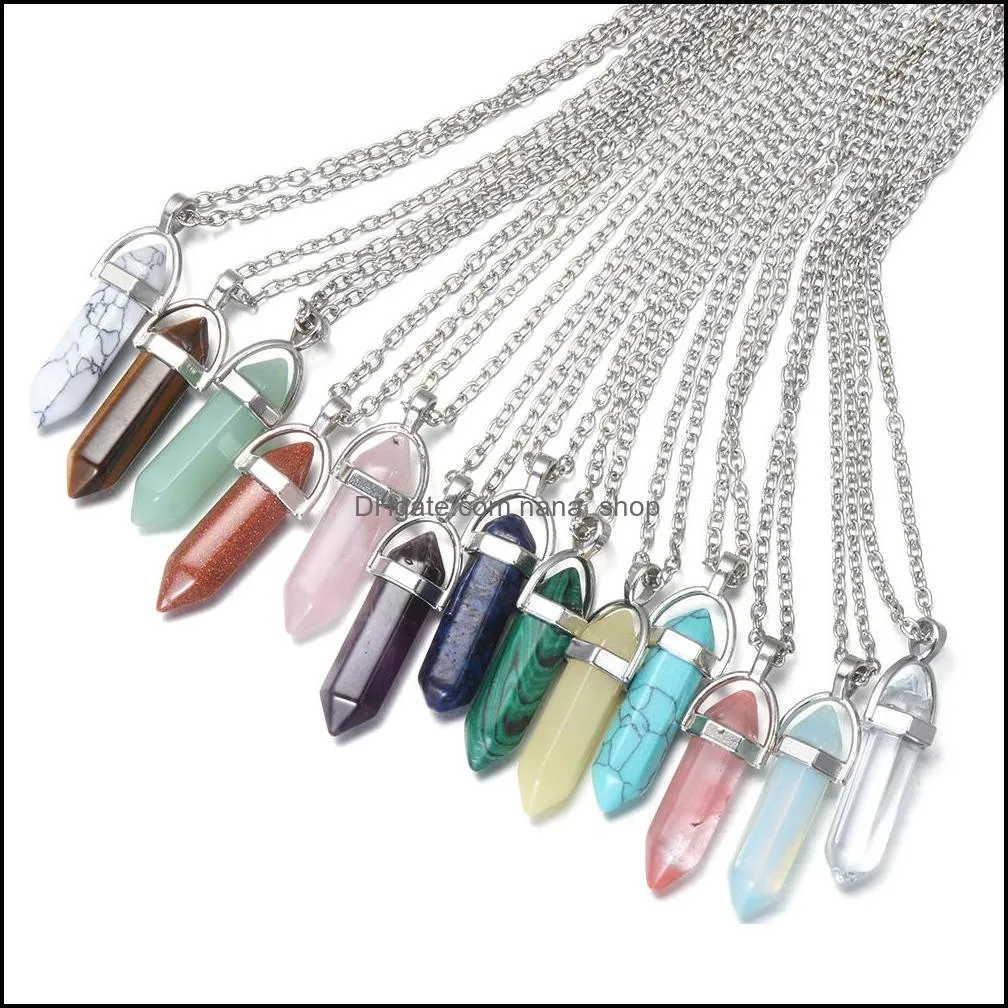 silver plated natural quartz crystal hexagonal pendant chakra healing point pendulum stone necklace jewelry accessories