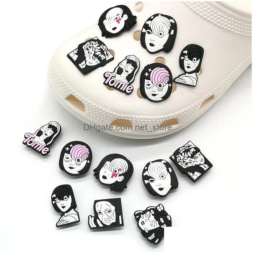 moq 100pcs tomie comic pattern croc shoe charms 2d soft pvc shoe accessories decorations shoes buckles ornaments fit women sandals halloween