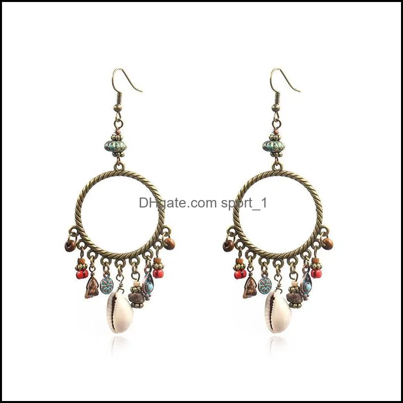 sale bohemian shell circle beaded hoop earrings for women geometric vintage gold alloy fashion long hanging earrings jewelry wholesale