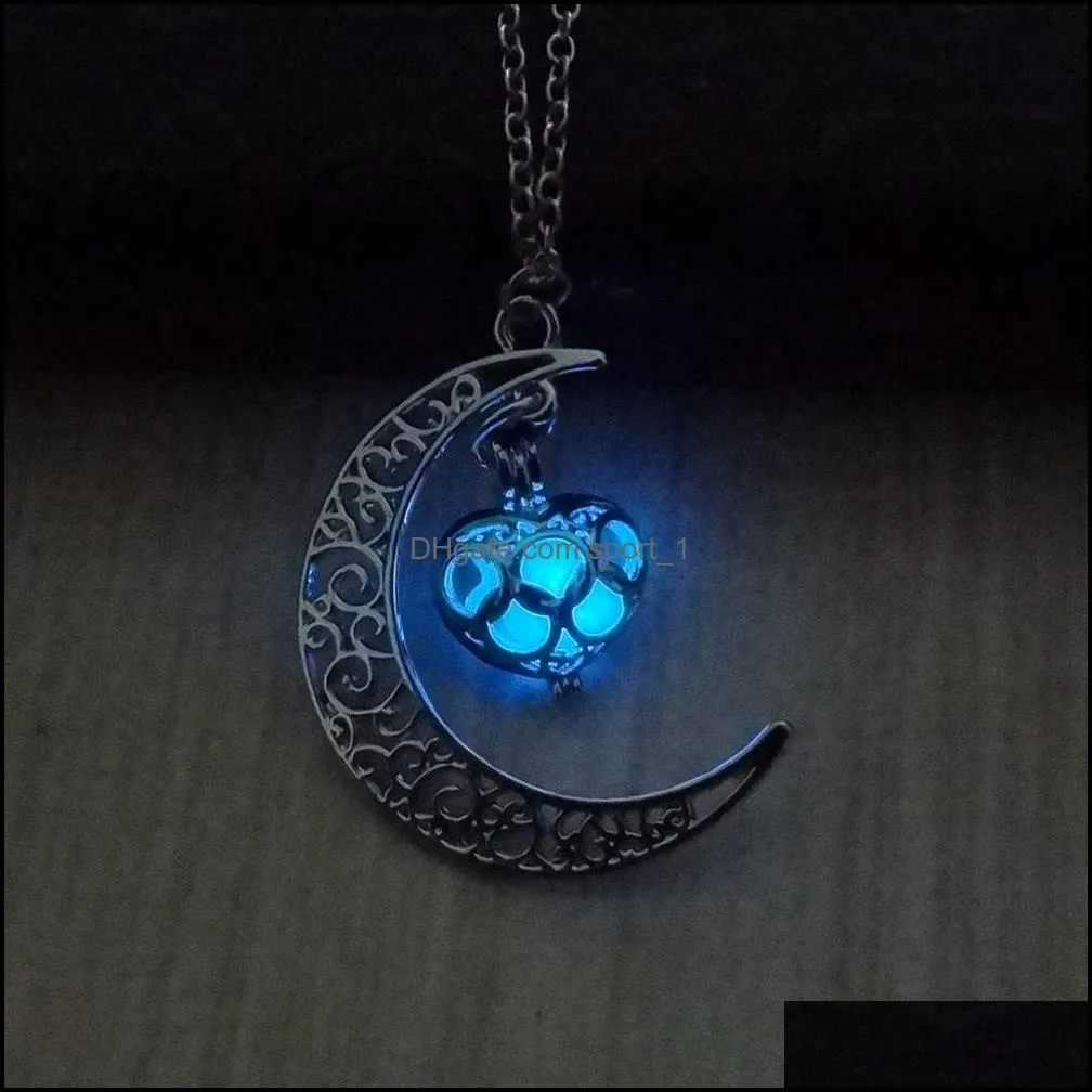  glow in the dark heart moon necklaces for women men hollow crescent shape luminous beads pendant chains fashion jewelry