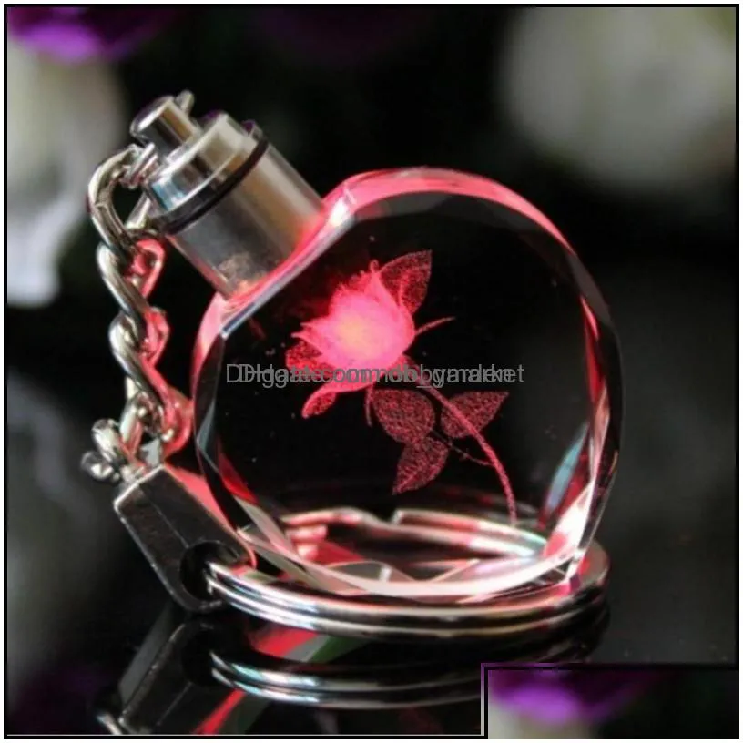 key rings jewelry fashion rose heart crystal flashlight chains holder changing mticolor led lights couple keychain drop delivery 2021