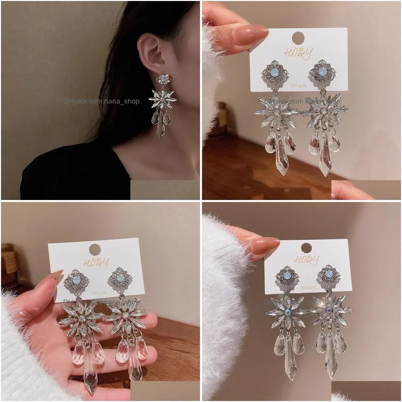 fashion jewelry light luxury crystal flower earrings s925 silver post tassel dangle stud earrings