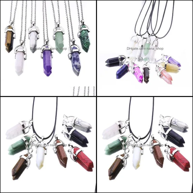 30colors hexagonal crystal pink purple quartz natural stone pendant chakra druzy necklace with 50cm stainless steel chain