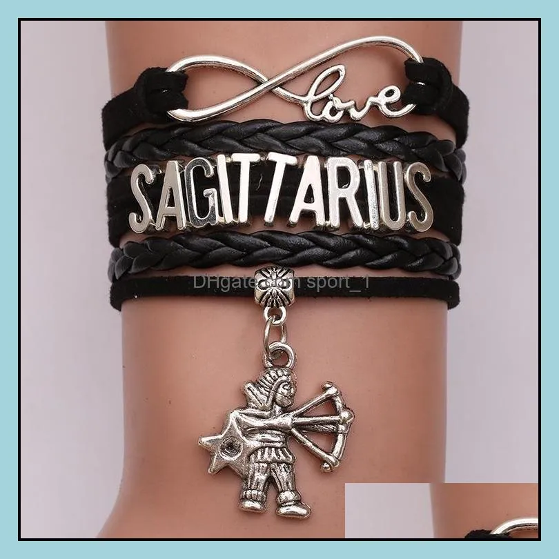 12 zodiac sign charm love infinity bracelets for women men horoscope letter braided leather rope wrap bangle fashion diy jewelry