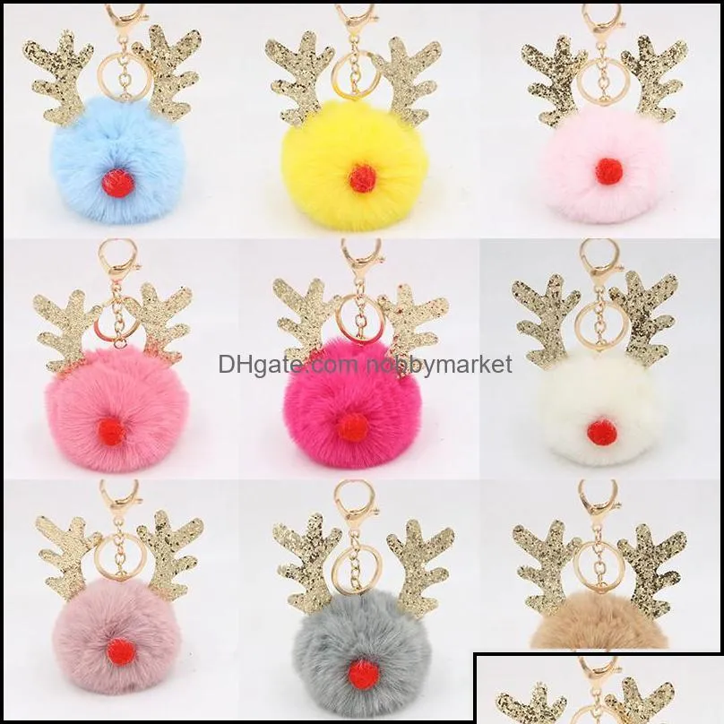 key rings jewelry fur pom keychain fake rabbit hair ball porte clef pompom de fourrure fluffy bag charms christmas antler keyring drop