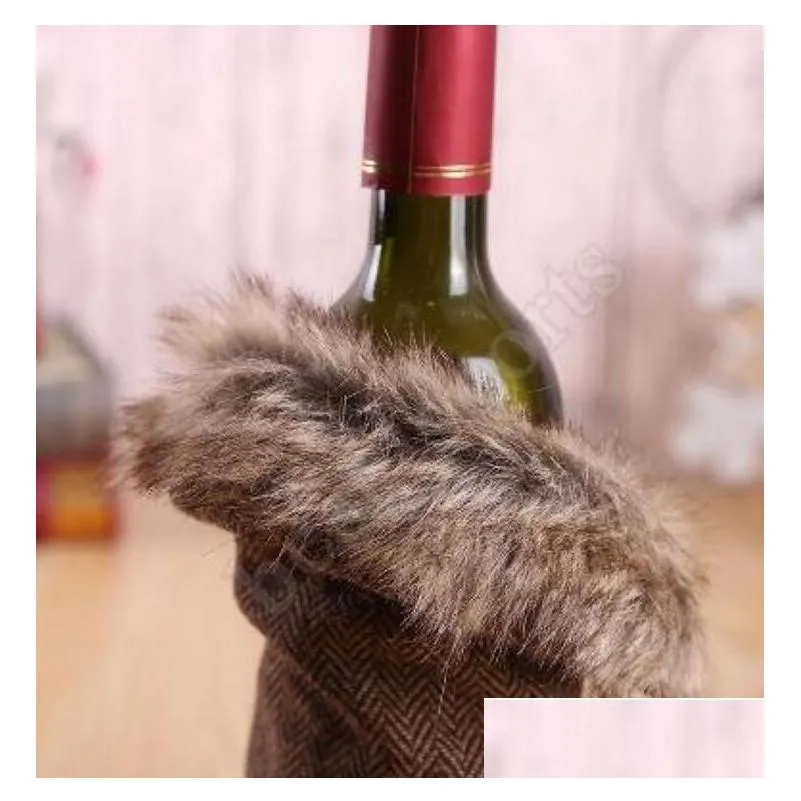 wine cover with bow plaid linen bottle party favor clothes fluff creative wine fashion christmas decoration ups ship
